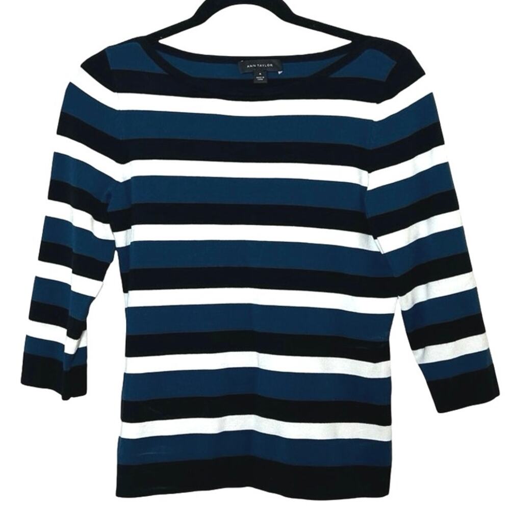 Ann Taylor Navy Black White Striped Boatneck Top